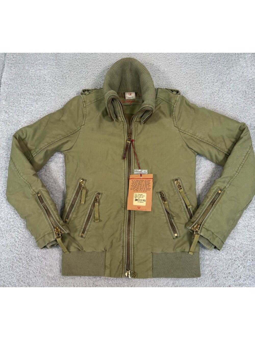 True Religion Military Green Bomber Funnel Knit Jacket Womens XS Stylish Casual - Picture 2 of 16